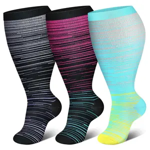 Sports Socks Compression Set 3 Pairs Unisex Striped Oversized Elastic Compression Socks Must-Have for Sports & Swelling Relief