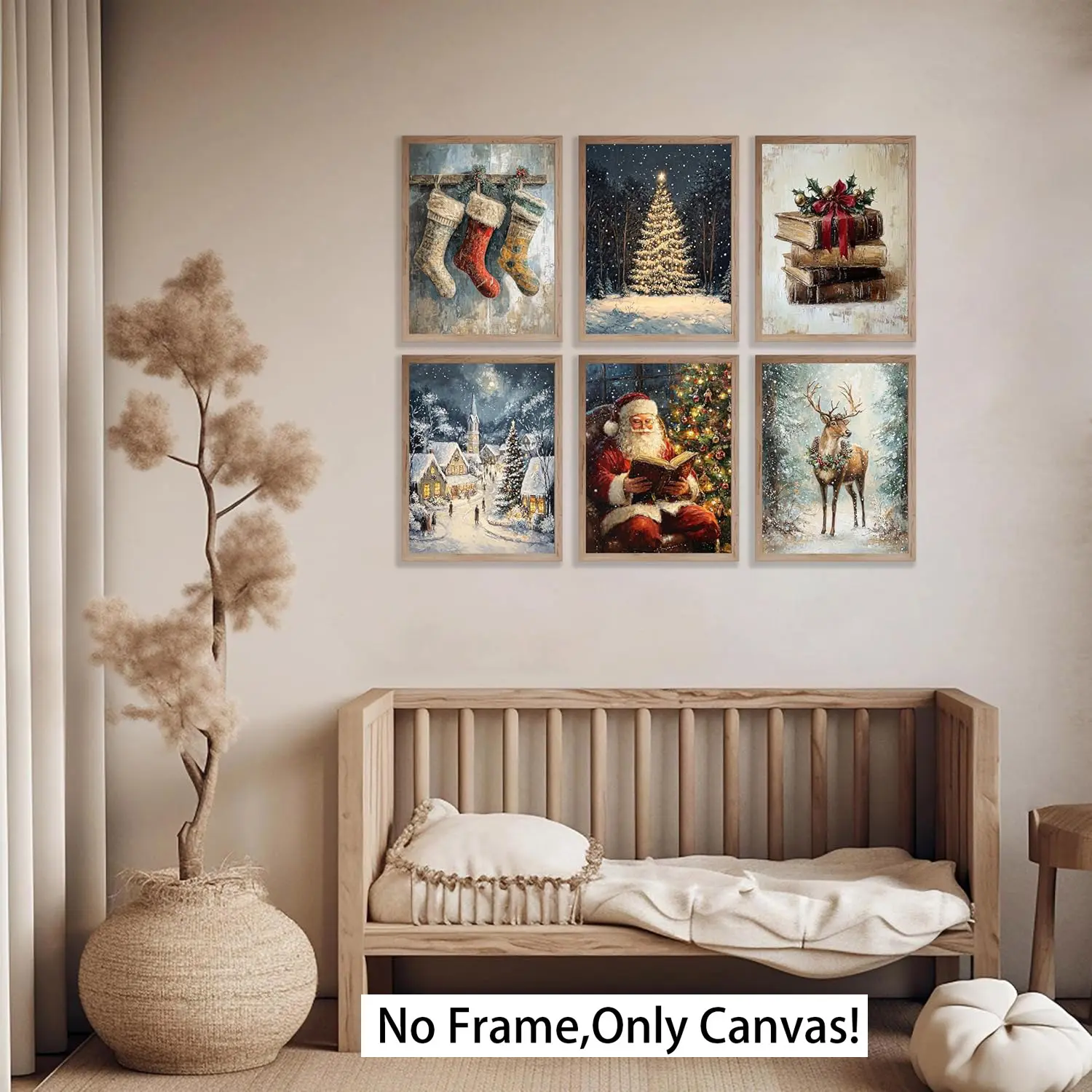 Vintage Design Christmas Wall Art Set, 6pcs Winter Country Decor, Decoration Items, Santa Claus Canvas Prints, Pine Tree Pictures for Living Room & Bedroom, Canvas Painting