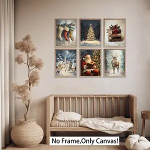 Vintage Christmas Wall Art Set, 6pcs Winter Country Decor, Santa Claus Canvas Prints, Pine Tree Pictures for Living Room & Bedroom, Canvas Painting