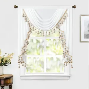 VOGOL Luxury Sheer Valance Curtains 39 Inches Wide Vintage Style Waterfall with Lace Trim & Bead Tassels for Living Room Wedding Party Home Decor White 1 Panel High-Quality Polyester