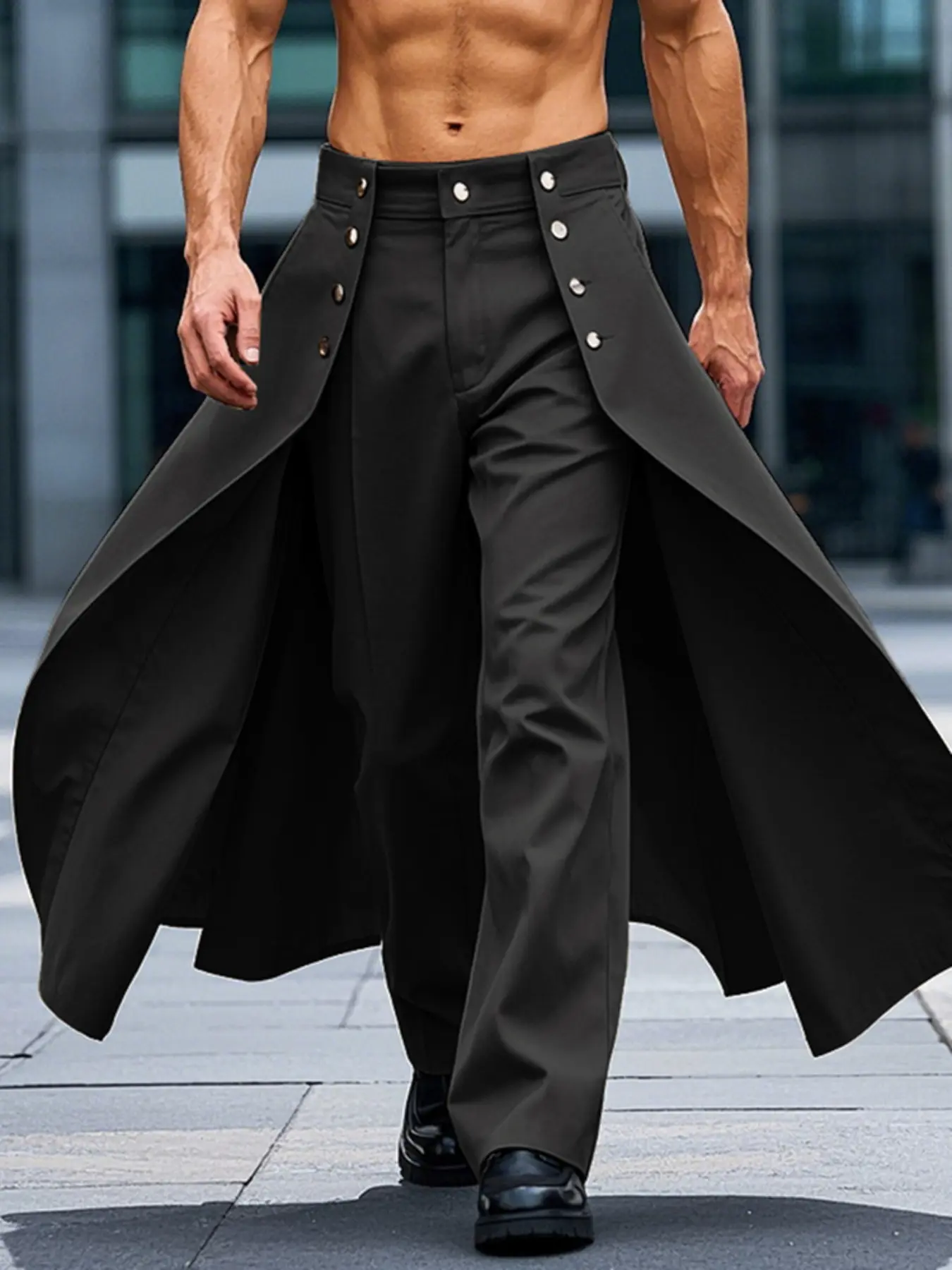 INCERUNSHOP Men's Fashion Casual Solid Color Button Design Layered Two-Piece Pants, Casual Comfy Pants, Suitable for All Seasons Streetwear, Comfortable and Stylish Casual Streetwear Trousers