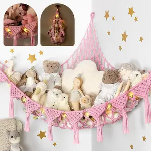 Extra Large Pink & White Stuffed Animal Hammock with Fairy Lights & Hooks – Handwoven Corner Net Storage Organizer for Plush Toys essential nursery doll display