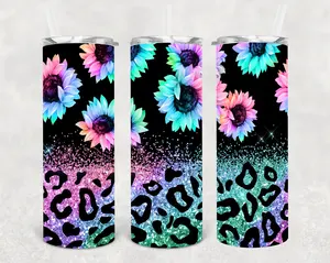 Rainbow Leopard Sunflowers 20oz Skinny Tumbler Vacuum Insulated with Lid and Straw for Hot Coffee Cold Drinks or Wine Handmade Sublimation Design