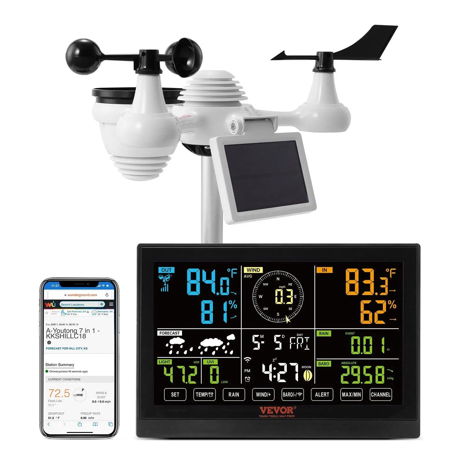 【SummerFinds】VEVOR 7-in-1 Wi-Fi Weather Station, TikTokShopBlackFriday, 7.5 in Color Display, Home Weather Station Indoor Outdoor, with Solar Wireles  VEVOR Super Brand Days Outdoor Sensor Alarm Alerts, for Temperature Humidity Wind Speed/Direction Rain