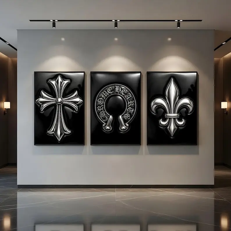 Chrome Hearts Hypebeast Wall Art Poster Set of 3, Black Silver Gothic Cross Art, Horseshoe Print, Fleur De Lis Luxury Y2K Room Decor The Regular Snob