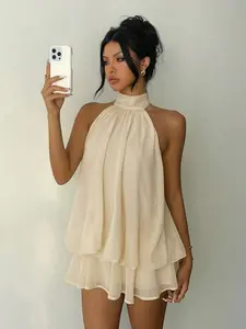 Women's Mini Dress, Chiffon Elegant Ruffled Sleeveless Butter Spaghetti Strap Belted Mini Dress, Summer Party Dress, Chic Trendy Dress, Wedding Travel, Womenswear