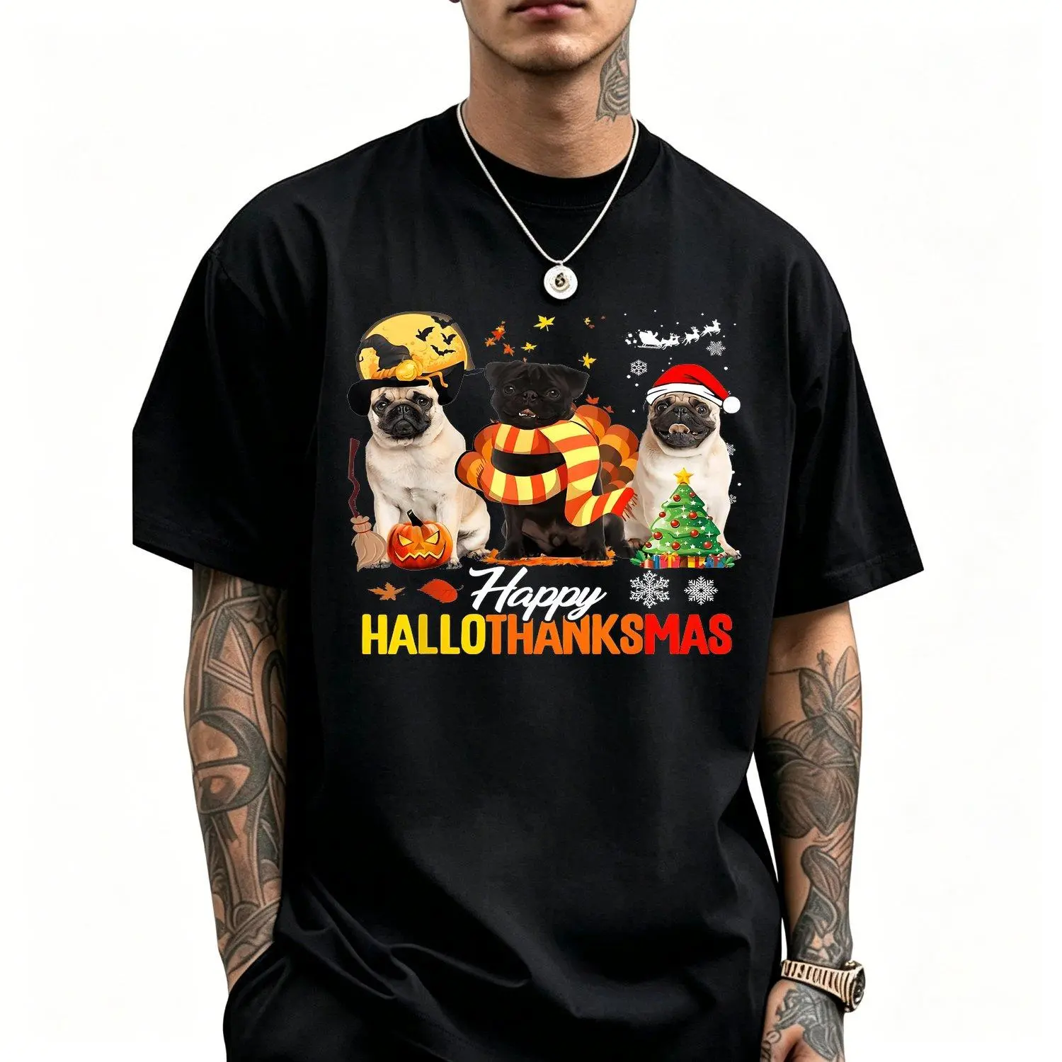 Men's 220g Cute Pug Printed Short-Sleeve T-Shirt - Comfortable, Breathable, Casual Daily Wear for Halloween, Thanksgiving, Christmas All-Year Menswear Top, Shortsleeve, Tshirt