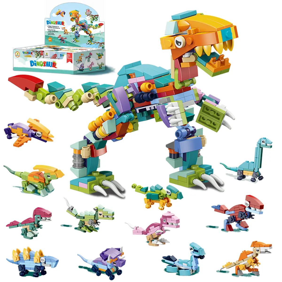 12-in-1 Mini Dinosaur Creative Building Block Set, DIY Playset with 12 Tyrannosaurus Rex & Animal Figures, Construction Model Brick Toy for Teens, Party Favor, Teenage Boy Gifts, Open Ended Creative Play