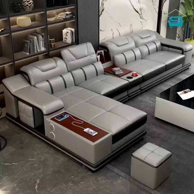 Genuine Leather Sofa Set Living Room Furniture with Bluetooth Audio, Charging