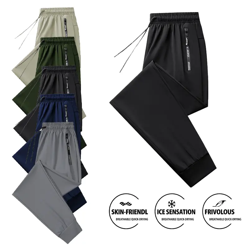 Men's Ice Silk Cooling Slim-Fitting Ankle-Length Jogger Pants, Elastane Lightweight Breathable Quick-Dry, Mid-Waist Drawstring Elastic Waistband, Zipper Side Pockets, Skin-Friendly for Gym Workout Summer Trousers