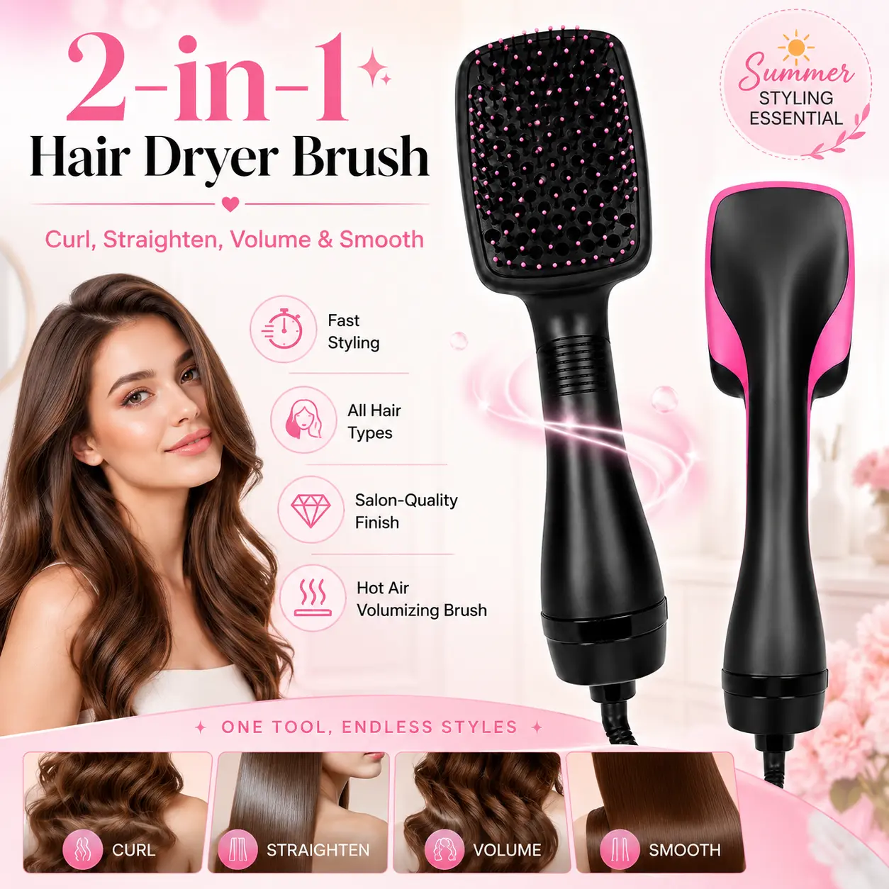 2-in-1 Hair Dryer Brush for Curling and Straightening, Hot Air Brush with Volumizing and Smoothing Function, Fast Styling Blow Dryer Brush for All Hair Types, Salon-Quality Hair Styling Tool#SummerVibes