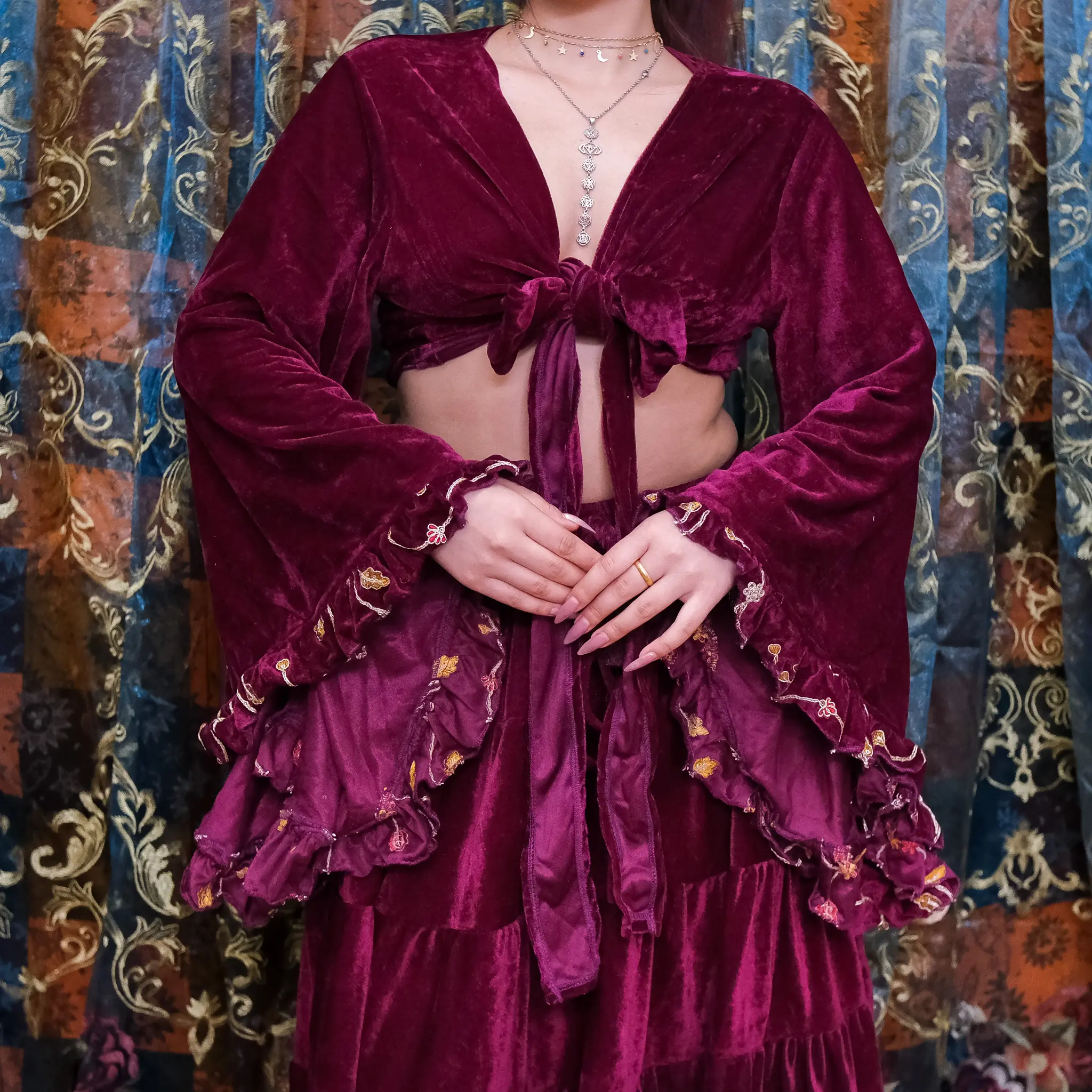 Velvet Ruffle Sleeve Wrap Top, Tie Front BellSleeve Boho Top with Embroidery, Vintage Festival Shirt, Fairycore Witchcore Cottage Fashion, 90s