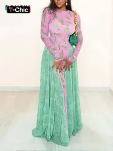 DOUCIU Lobster Print Patchwork Bubble Mesh Dress, Sexy Slim-Fitting Long Sleeve Ruffle Dress, Summer Beach Vacation Party Wear Womenswear Evening Event Clothing