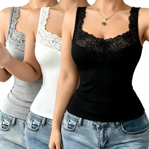 PROSHEVE Women's Lace Tank Tops & Camis, 1 Piece/3-Pack, Chic Minimalist V-Neck Spaghetti Strap, High Stretch Ribbed Fabric, Casual Breathable Sleeveless Slim-Fit, No Bra Pads, Everyday/Party/Date Night 4-Season Layering Basic Top