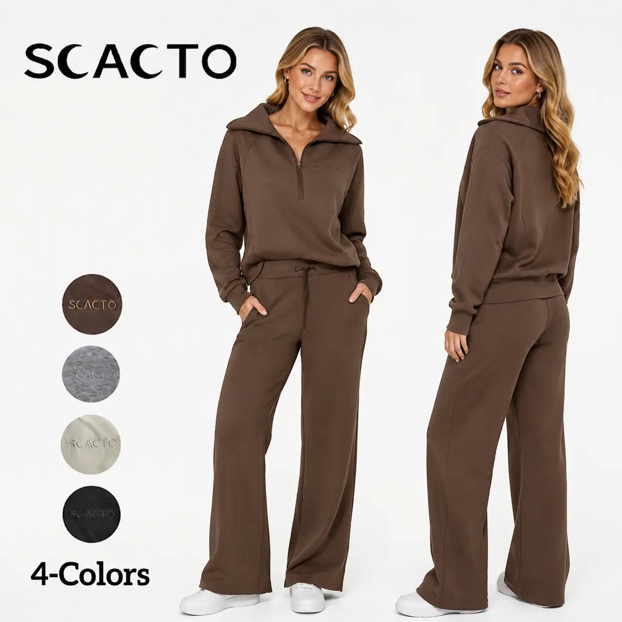 Scacto Women's 2 Piece Matching Lounge Set Sweatsuits | Zip Up Sweatshirt, Long Sleeve Pullover Tops, Elastic Waist Drawstring, Wide Leg Pants Pocket, Fall Tracksuit, Spring Outfits