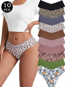 10 Pack Women's Seamless Underwear Scalloped Wave Edge Cooling Nylon Spandex Breathable 10+ Designs (Tropical/Leopard/Floral Prints & Solids) Printed Panties All-Day Comfort Fashion Yoga Fitness Breathable Seamless Panties