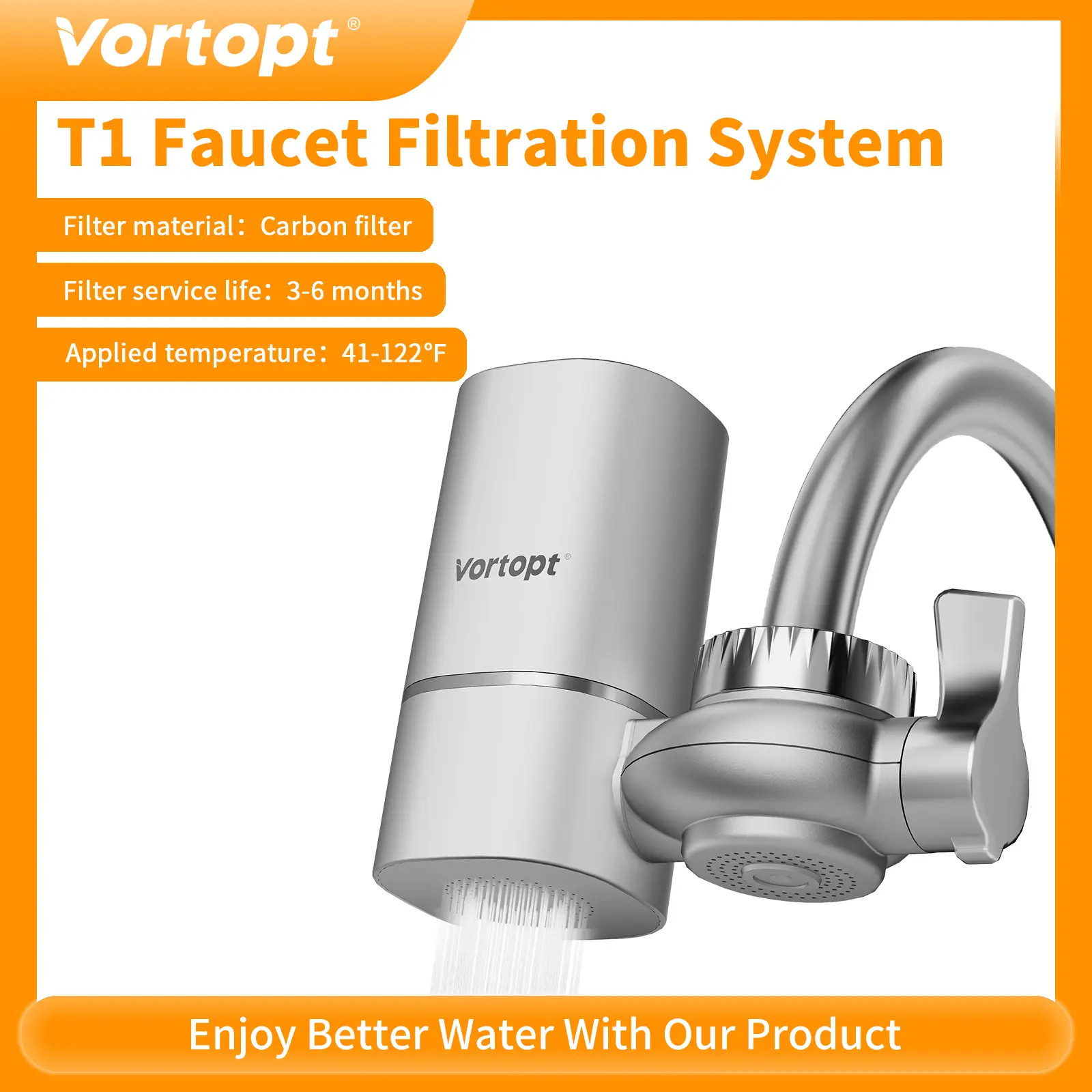 Vortopt T1 Silver Latest Model Faucet Water Filter for Sink, Rapid Flow - 400 Gallons Faucet Mount Water Filtration System for Tap Water, NSF Certified Reduces Chlorine & Bad Taste with 1 Replacement