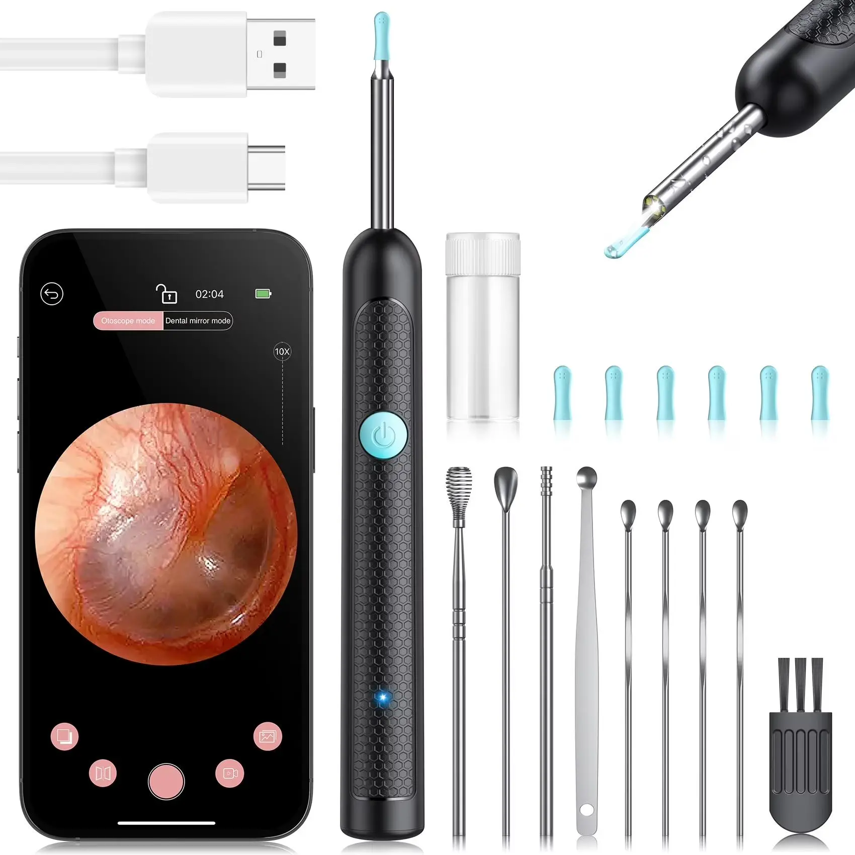 1080P HD Ear Wax Removal Tool with Camera, 6 Ear Spoon Set, Rechargeable USB/Battery Dual Power, tar Cleaning Device for Safe Ear Care Ear Wax Removal Kit Wireless Visual Ear Cleaner Earwax Removal Kit Portable
