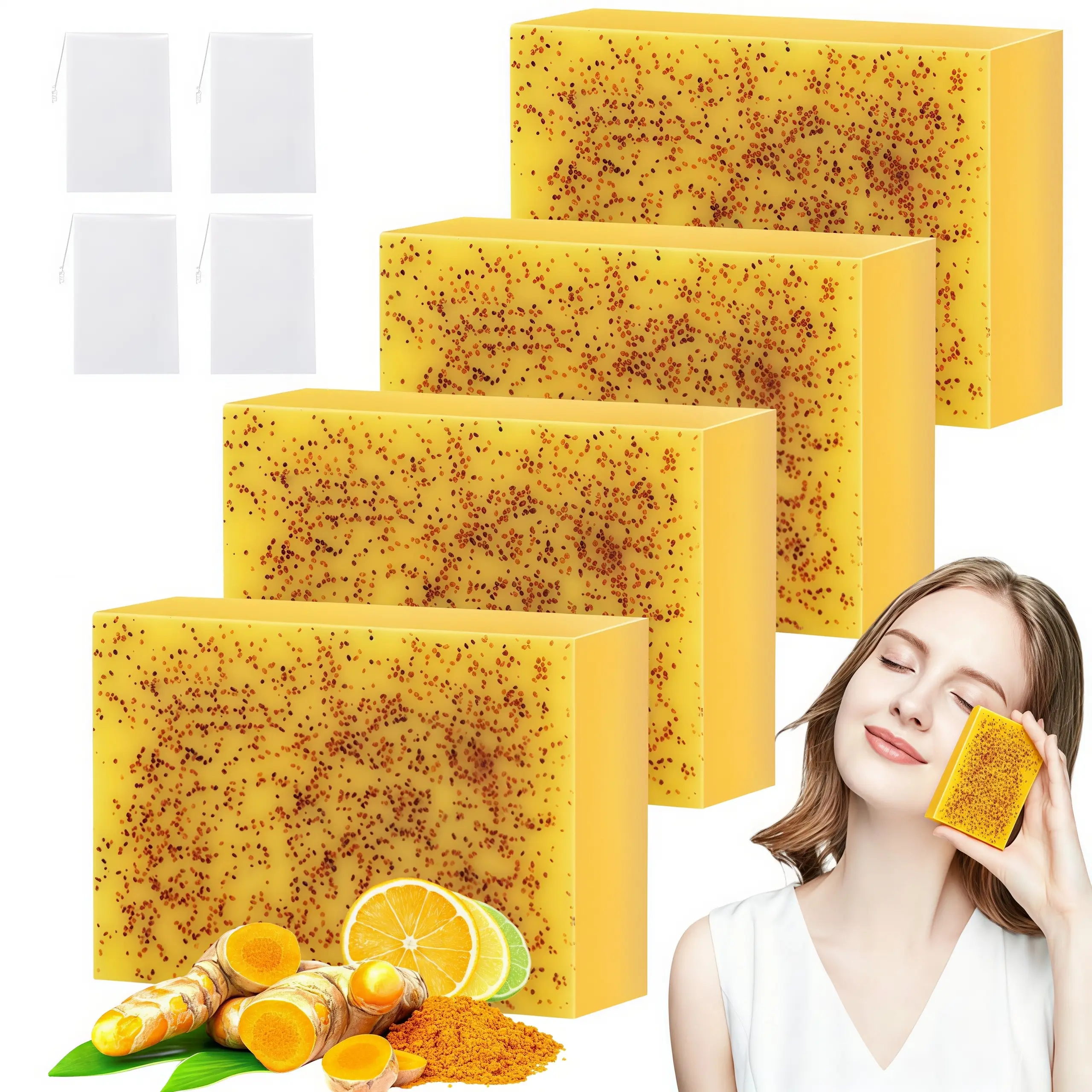 LMMAKE 4PCS Lemon Turmeric Kojic Acid Soap, Natural 2-in-1 Brightening Exfoliating Cleanser for Deep Cleansing, Evening Skin Tone, Smoothing Face & Body, Daily Skincare & Travel Use