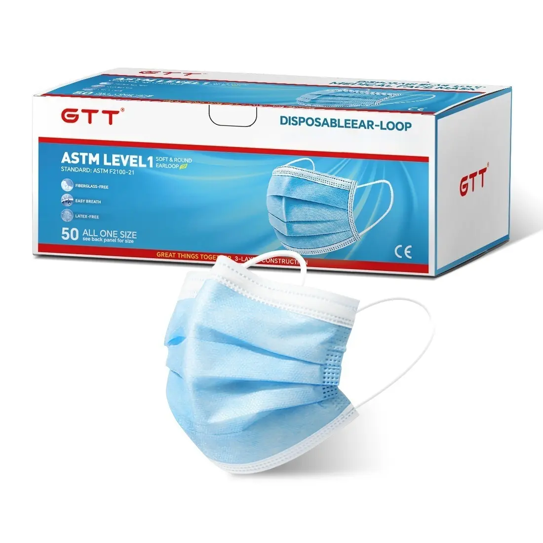 GTT 3-Layer Construction Disposable Face Masks, 50 Count Individually Wrapped, ASTM Level 1, Breathable, Dust-Blocking, Soft Inner Skin-Friendly Protective Masks for Gym Use, Blocks Dust