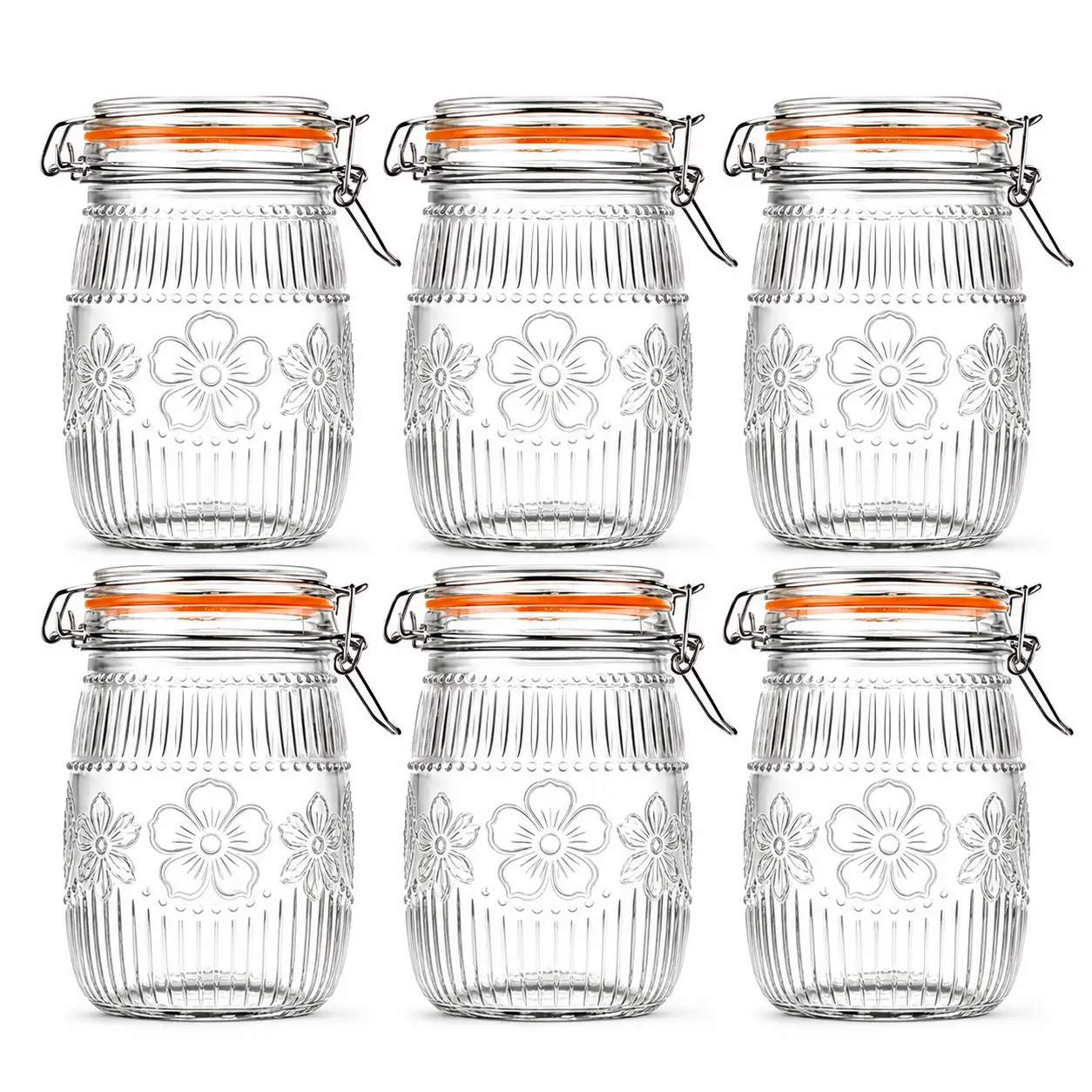 6-Pack 32oz Wide Mouth Transparent Leak-proof Clamp Lid Glass Jars - Food-Grade, Durable Daily Use Airtight Latch Containers for Airtight Anti-Leak Food Storage, Pantry Organization (6 Jars Cover Coffee to Cookies), Floral Embossed, Airtight Seal