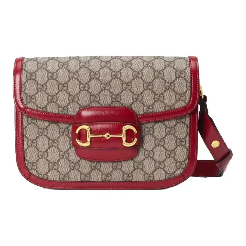 Pre-owned GUCCI canvas Crossbody bags Small Horsebit 1955 Shoulder Crossbody Saddle Bag GG Supreme With Red Calf Leather Trim Vintage Gold Horsebit Hardware For Women