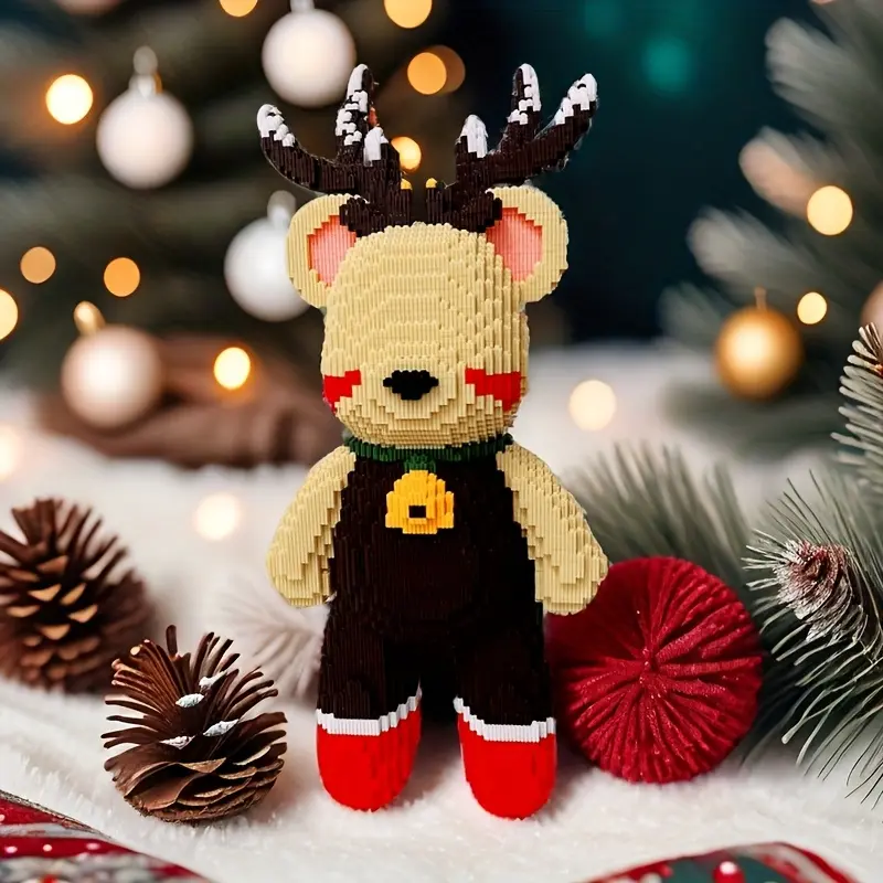 New 3109pcs Christmas Reindeer Bear 3D Puzzle Building Block Creative Festive Decoration DIY Ornament, Birthday Halloween Valentine's Day Gift, Perfect Surprise Gift