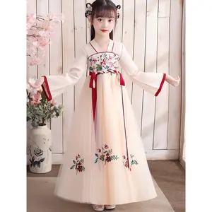 Girls' Traditional Chinese Hanfu Dress with Floral & Embroidery - Long Sleeve Vintage Korean/Waist-Cinching Belt-like Ribbon (No Elastic) All-Season/Party/Stage  - Hand Washable Ethnic Korean/Waist Dress
