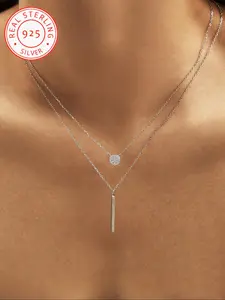 925 Silver Color Double Layer with Round Sparkling Zircon Pendant, Exquisite Wedding Accessory and Meaningful Gift for Women, Layered Necklaces