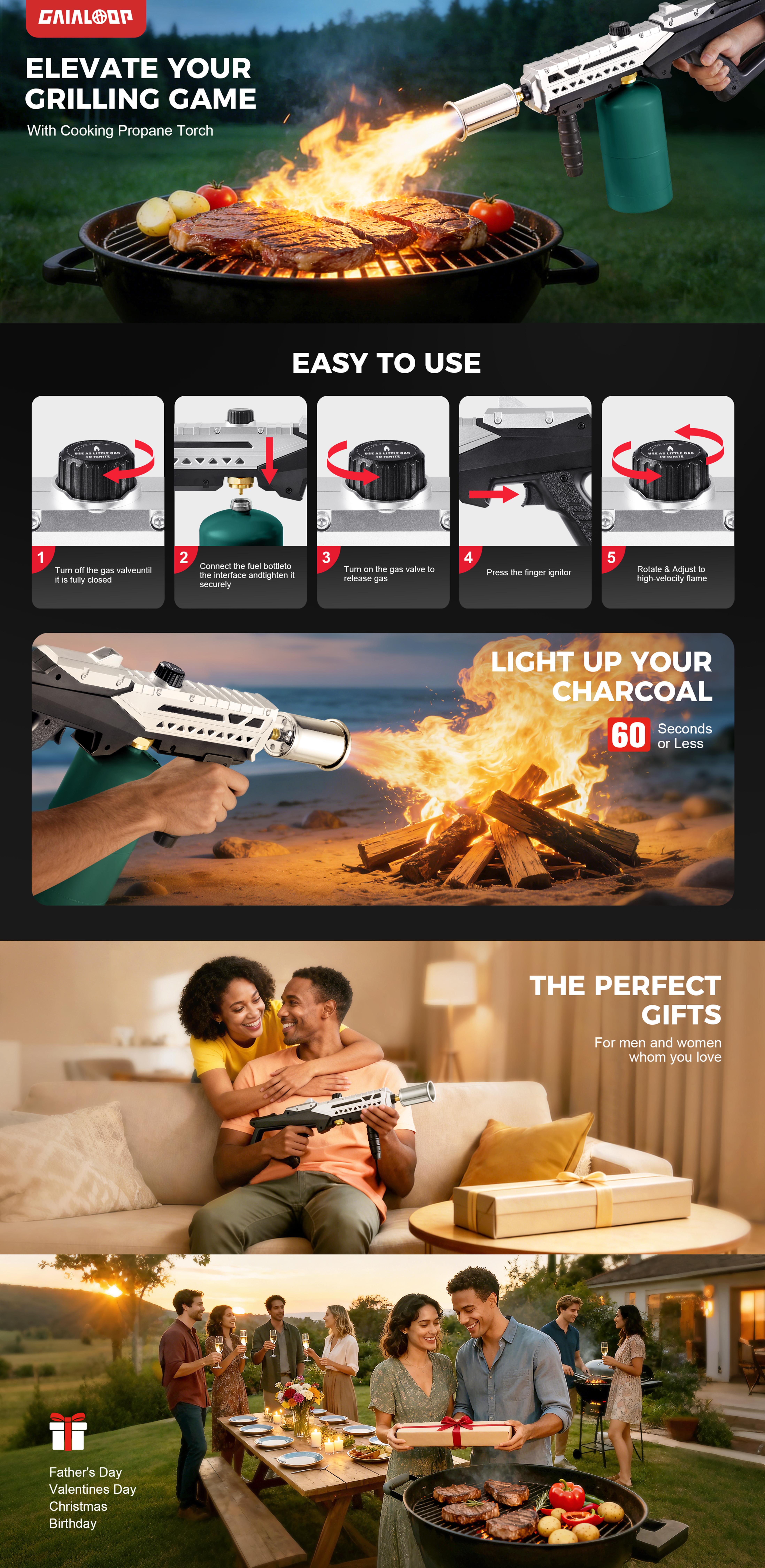 Powerful Propane Torch Gun (Propane Canister Not Included),Kitchen Torch,Adjustable Torch Suitable for BBQ, Fireplaces,Charcoal lgnition, an Excellent Gift for Christmas Valentine's Day. Father's Day Mother's Day gifts Multi Pattern Nozzles Nozzle Set