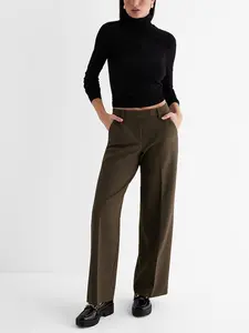 Women's Mid-Waist Solid Color Straight Leg Pants, Trouser, Elegant Minimalist Fashion Style Casual Long Pants, Basic, Perfect for Work Office and Business Occasions