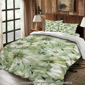 White floral and green leaf plant pattern 3-piece comforter set, bedding set, suitable as a gift.