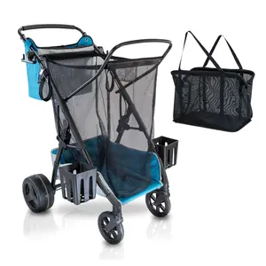 Large Wheeled Collapsible Beach & Street Cart-  for Shopping, Sand, Fishing, Camping & Garden- Lightweight Rust-Free Aluminum Frame- Removable Personal Shopping Bag, X-L Capacity & Cooler Shelf- by Strolee