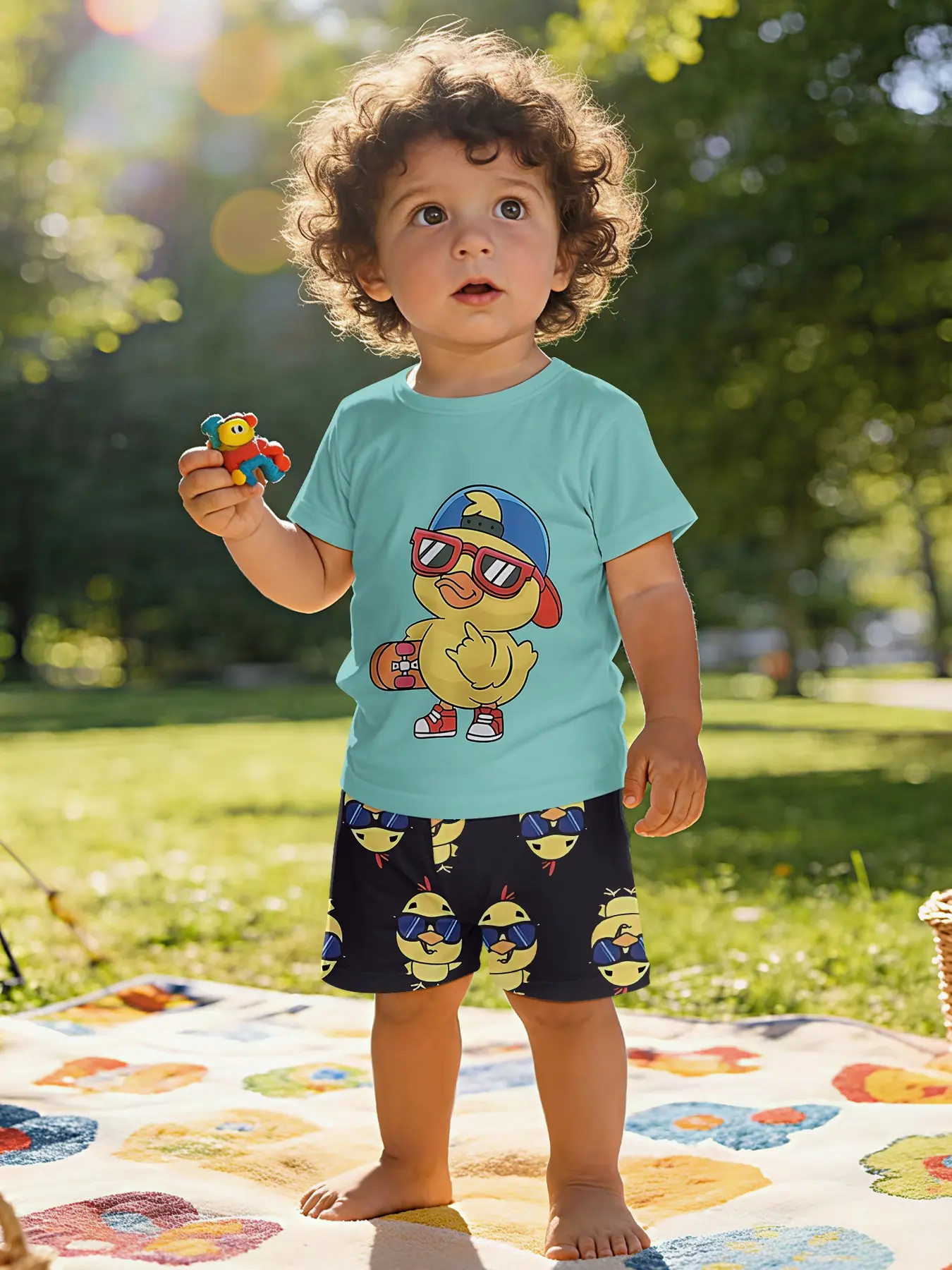 Little yellow duck all-over printed short-sleeve summer Matching Set for infants and toddlers, casual kids' clothing, Clothes Kids, T-shirt suitable for daily and outdoor sports, 100% polyester, a perfect gift for infants and toddlers!