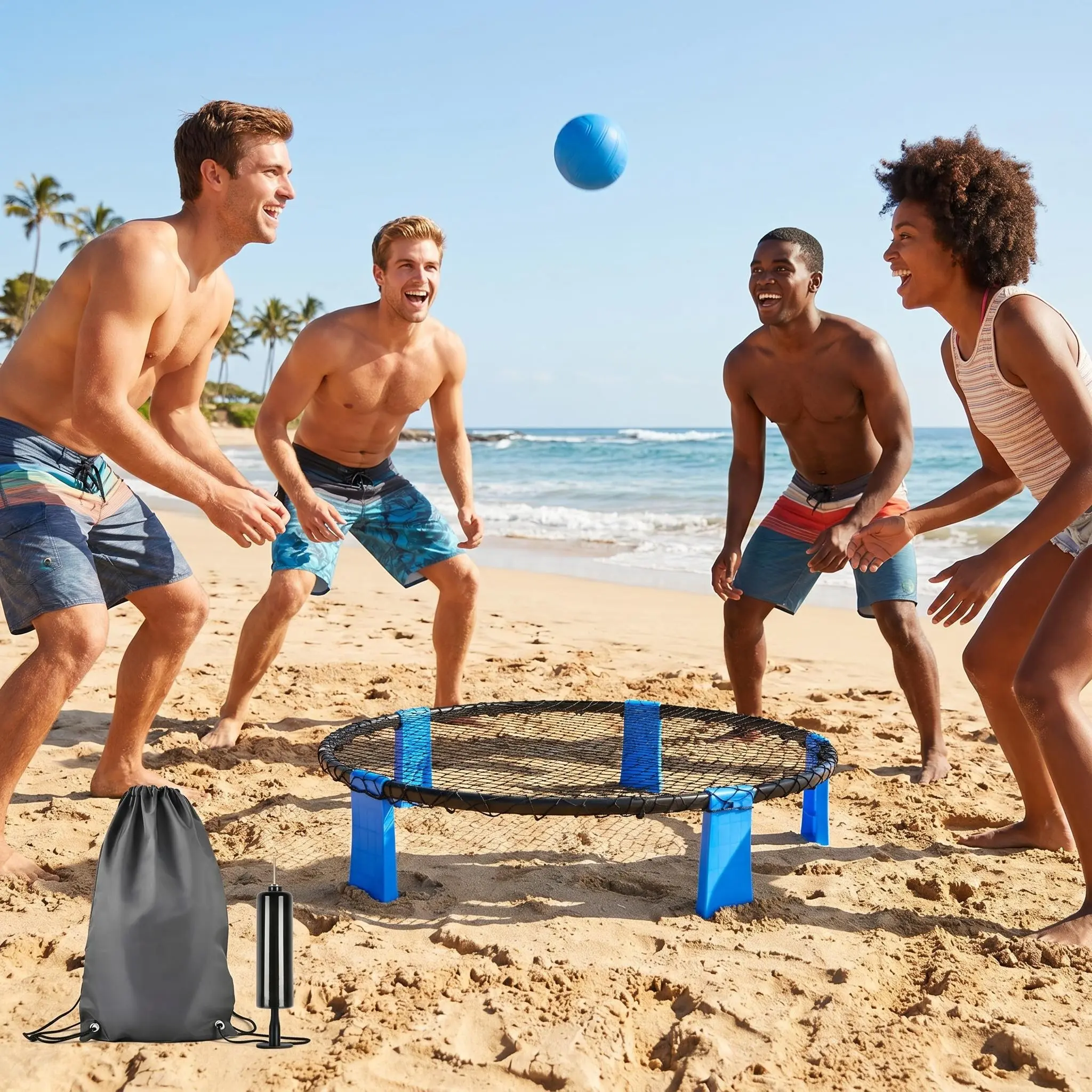Portable Roundnet Spikeball Game Set, Complete Outdoor Beach Volleyball Game Kit with Net Balls Pump Carry Bag, Backyard Lawn Beach Party Game for 2-4 Players Family Adults Teens