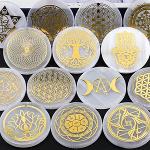 【Star Gate】1 count Sacred Geometry Golden Selenite Plate | Crystal Charging Disk | Hand-Etched Energy Cleansing Tool