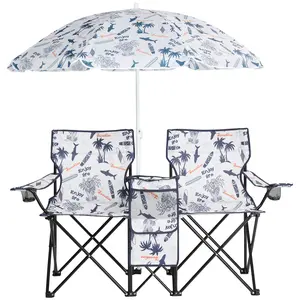 Portable Folding Chair 2-Seat with Removable Umbrella, Outdoor Fishing Sunbathing Beach, UV Protection Oxford Steel Carry Bag, Durable Steel Tube Frame, Oxford Fabric Seats, 55.1 in Umbrella Diameter