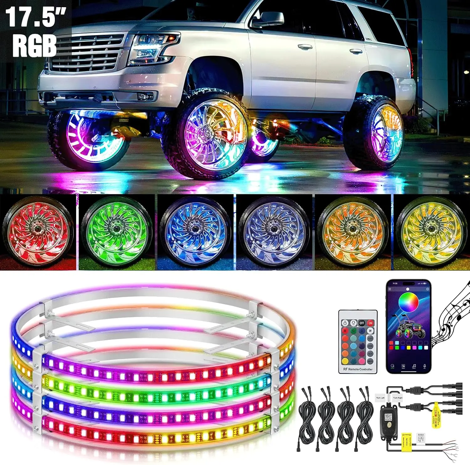 Nilight 4PCS 17.5in RGB LED Wheel Ring Car Decorative Lights, Double Row Underglow Kit with APP/Remote Control, Multi-Color, Turn Signal & Braking Functions for Cars, SUVs, Car Decorative Light