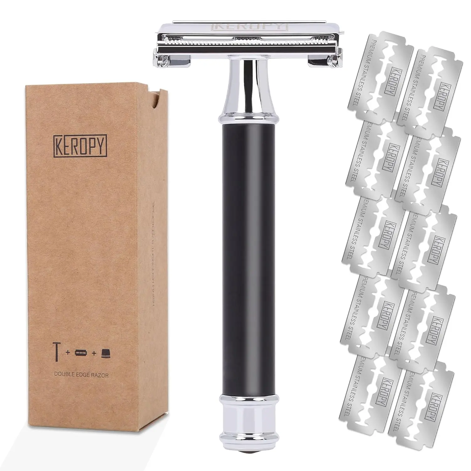 [KEROPY] Classic Safety Razor, Butterfly Open Brass Short Handle, 10 Blades