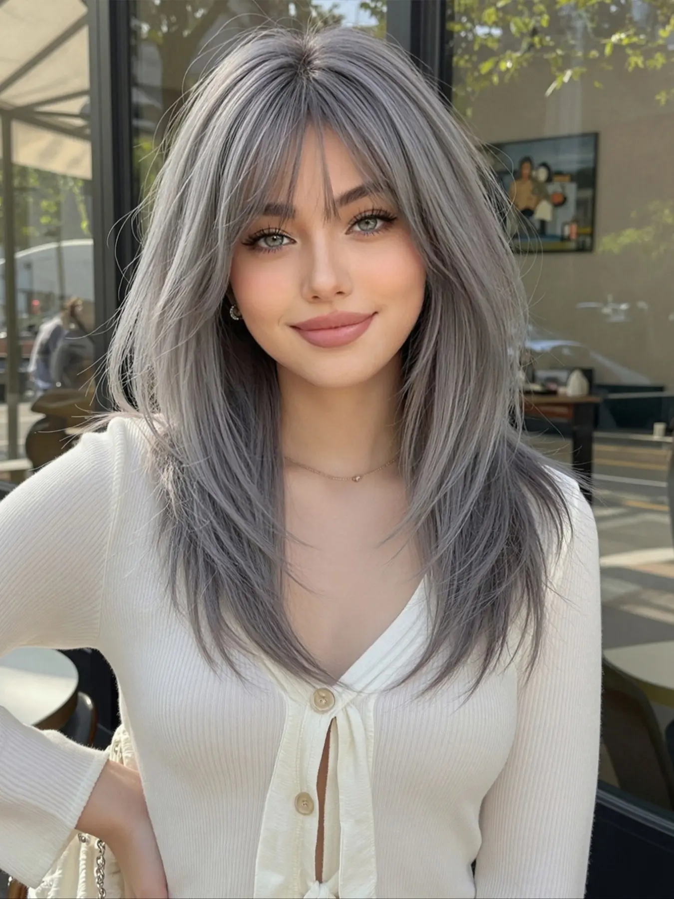 Ash Grey Straight Synthetic Wig with Fringe | Heat Resistant Fiber✨ Full Bangs Style Synthetic Material Wigs