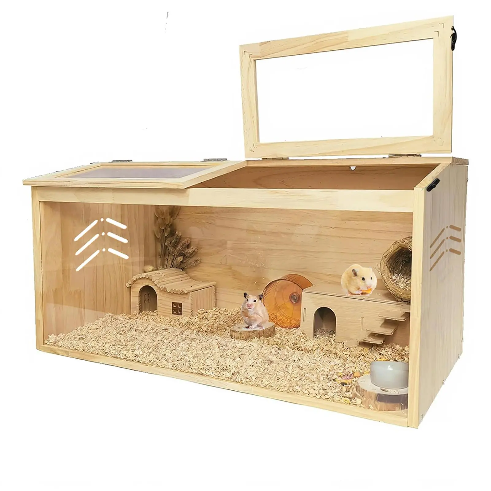 Large Wooden Hamster Cage with High Visibility Acrylic Panels, 31.5" Spacious Habitat for Syrian Hamsters Mice Gerbils, Chew-Resistant Pine Wood Small Animal House, 12 Ventilation Holes, Openable Lockable Top for Easy Clean, Aesthetic Pet Villa, Proper Ha