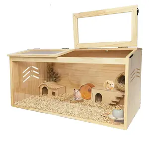 Large Wooden Hamster Cage with High Visibility Acrylic Panels, 31.5" Spacious Habitat for Syrian Hamsters Mice Gerbils, Chew-Resistant Pine Wood Small Animal House, 12 Ventilation Holes, Openable Lockable Top for Easy Clean, Aesthetic Pet Villa