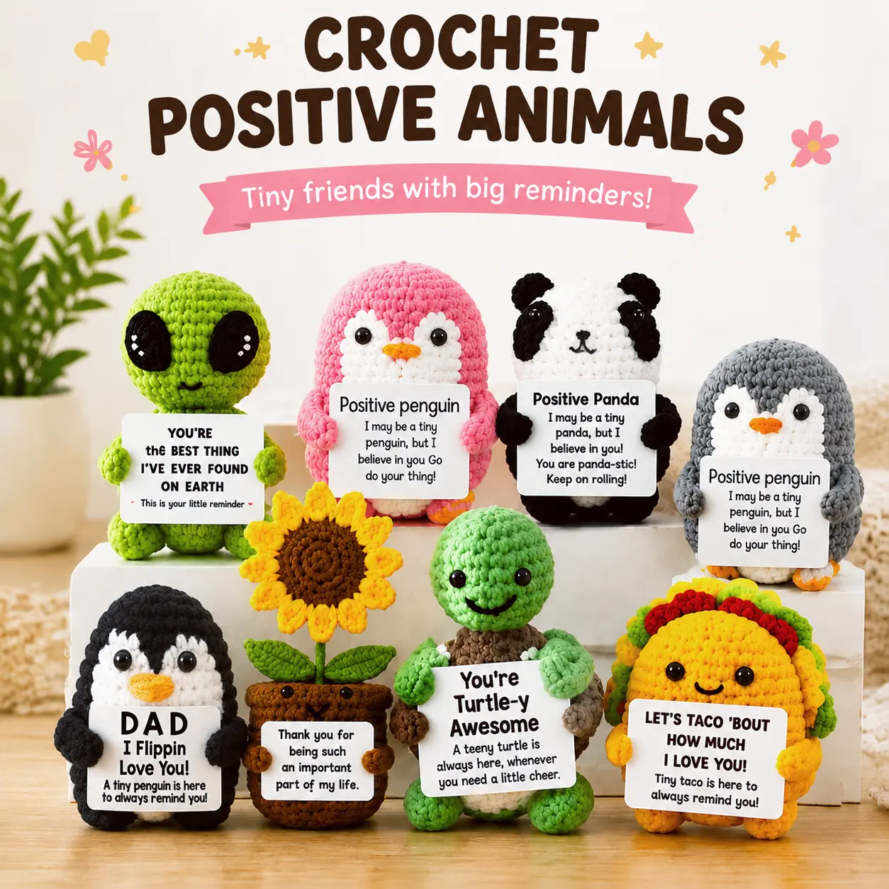 Mini Positive Crochet Animals Gifts, Handmade Inspirational Knitted Plush Dolls with Cute Message Cards, Funny Emotional Support Gifts for Women Men Friends Coworkers, 19 Styles Available