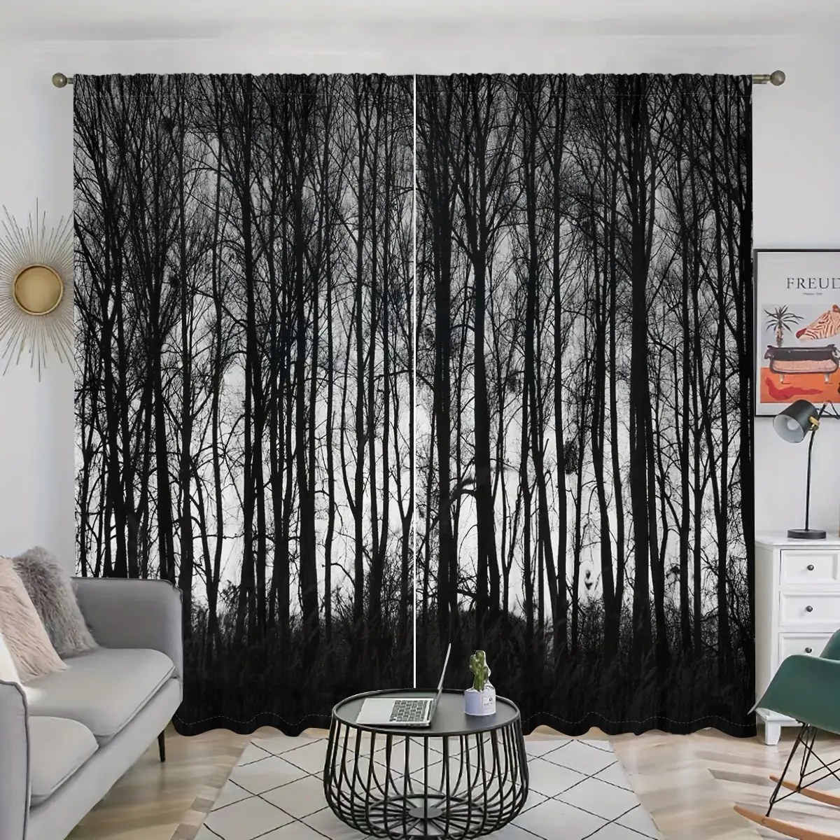 1 set of 2 pieces, Gothic forest printed curtains, Semi Sheer Curtain, dark pine tree design, semi transparent polyester fiber, pole pocket style, for home decor, anti privacy, easy to clean, Curtain For Windows