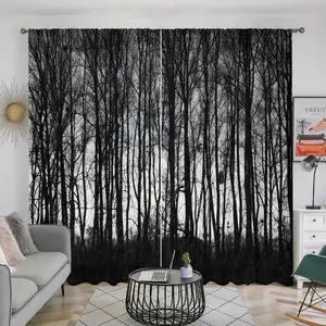 1 set of 2 pieces, Gothic forest printed curtains, mysterious dark pine tree design, semi transparent polyester fiber, pole pocket style, for living room, bedroom, study, kitchen home decoration curtains, anti privacy, easy to clean, Window Curtain