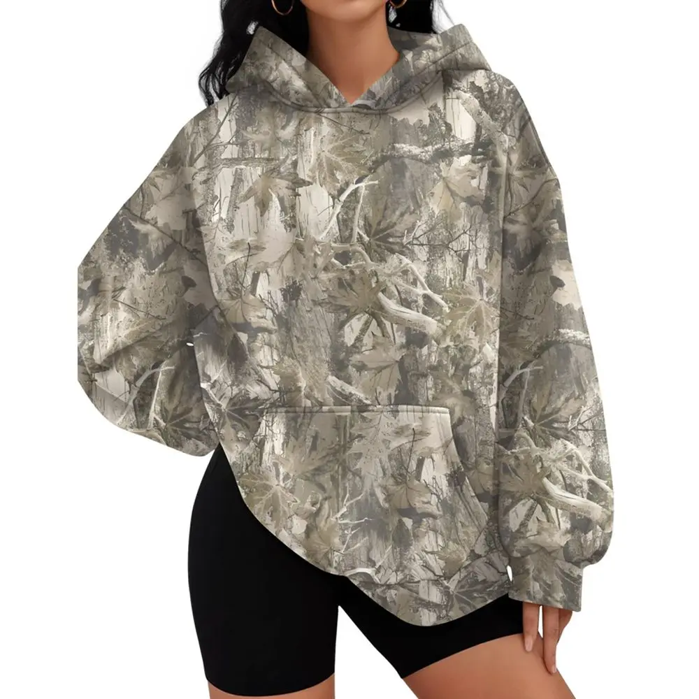 EncoLax Womens Oversized Camo Hoodie Y2k Maple Leaf Print Fleece Hooded Pullover Sweatshirt Casual Long Sleeve Fall Outfits
