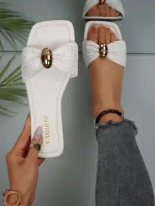 Women's Spring Summer New Middle Eastern Fashion Casual Woven Bow Knot Square Toe Solid Color Open-Toe Slip-On Beach Fashionable Sandals Flat Shoes