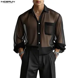 INCERUN Mens Fashion Sheer Tulle Long-Sleeve Button-Down Shirt - Classic Casual Menswear Top with Versatile Fabric, Layering Piece for Party, Blazer Compatibility,summervibes