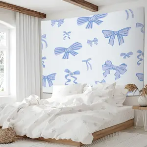 Coquette Blue Bow Tapestry, Cute Ribbon Wall Hanging, Aesthetic Sweet Tapestries, Soft Wall Blanket, Pastel Backdrop Decor for Teens & Girls Bedroom