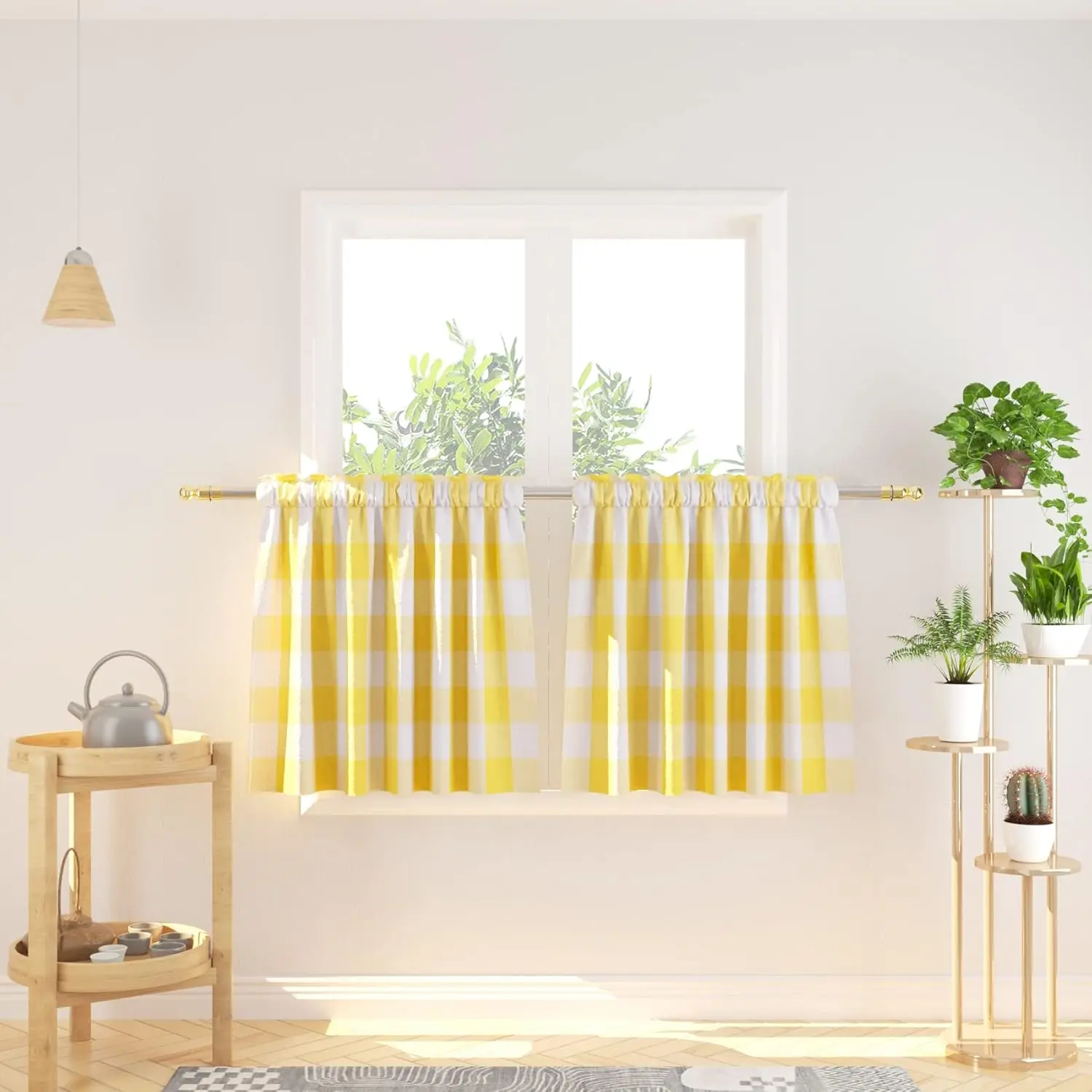 24-Inch Long Buffalo Plaid Gingham Cafe Curtains, 2-Panel Rod Pocket Short Curtains for Kitchen, Bathroom (Yellow & White)